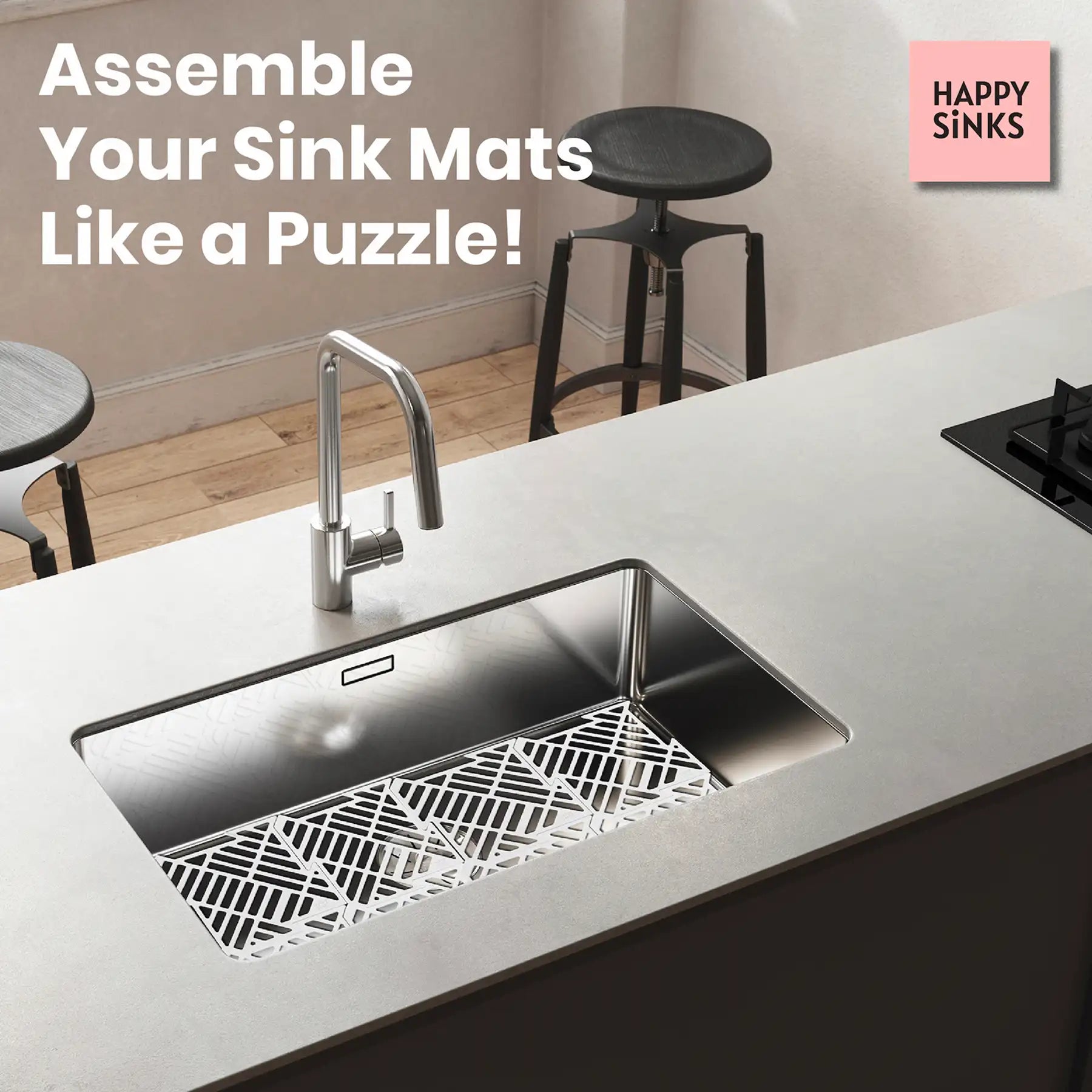 Modern kitchen sink with geometric drain cover on a countertop, featuring 'Happy Sinks' brand.
