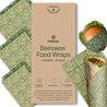Beeswax food wraps pack, featuring organic reusable wraps in floral patterns, ideal for preserving food.