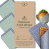 Beeswax food wraps, handmade reusable, organic cotton, natural ingredients, eco-friendly food storage.