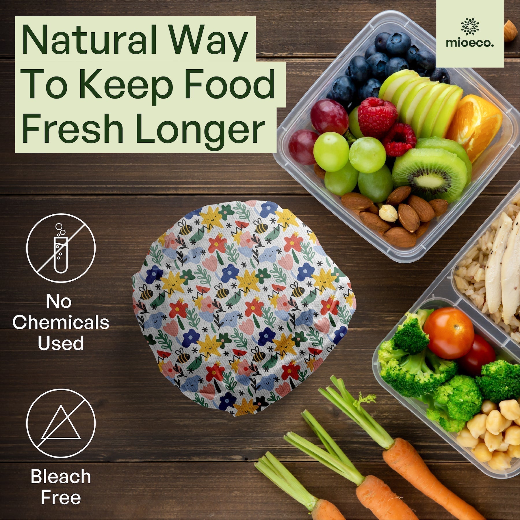 Eco-friendly beeswax food wraps covering fresh food with natural ingredients, showcasing a sustainable alternative to plastic.
